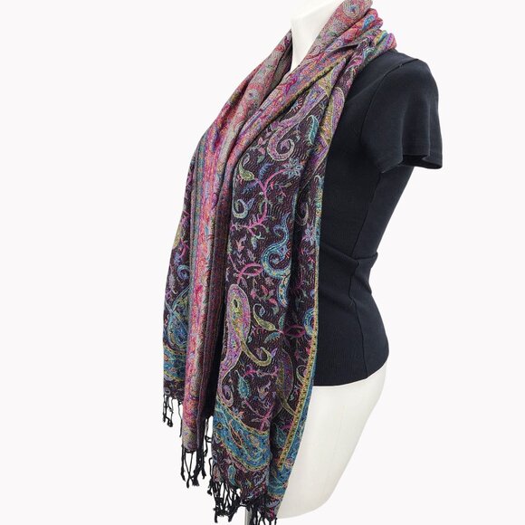 Cashmere Paisley Scarf Shawl With Fringe Multicolor 74" X 26" From Jerusalem - Picture 4 of 9
